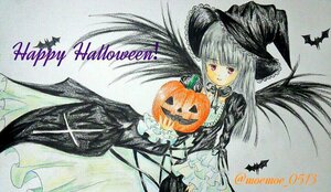 Rating: Safe Score: 0 Tags: 1girl artist_name bat halloween happy_halloween hat image jack-o'-lantern long_hair marker_(medium) pumpkin signature solo suigintou traditional_media white_hair witch_hat User: admin