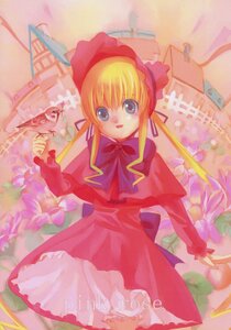 Rating: Safe Score: 0 Tags: 1girl blonde_hair blue_eyes bonnet bow bowtie cowboy_shot dress image long_hair long_sleeves looking_at_viewer red_dress shinku solo standing User: admin