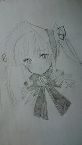 Rating: Safe Score: 0 Tags: 1girl bangs blush closed_mouth eyebrows_visible_through_hair flower image long_hair looking_at_viewer monochrome photo shinku simple_background solo traditional_media twintails virtual_youtuber User: admin