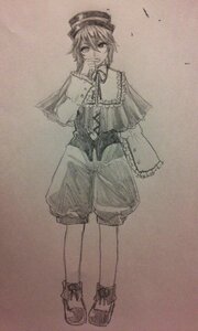 Rating: Safe Score: 0 Tags: 1girl capelet full_body hand_to_own_mouth hat image long_sleeves looking_at_viewer monochrome short_hair shorts solo souseiseki standing traditional_media User: admin