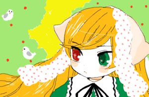 Rating: Safe Score: 0 Tags: 1girl bangs blonde_hair blush dress green_background green_eyes head_scarf image long_sleeves looking_at_viewer polka_dot polka_dot_background red_eyes solo suiseiseki User: admin