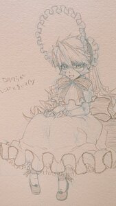 Rating: Safe Score: 0 Tags: 1girl bow dress frilled_pillow frills image long_hair long_sleeves monochrome shinku shoes solo traditional_media umbrella User: admin