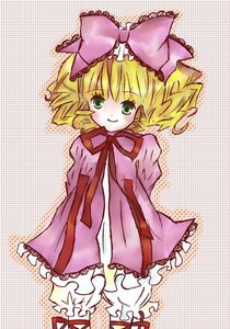 Rating: Safe Score: 0 Tags: 1girl argyle argyle_background blonde_hair bloomers blush bow chain-link_fence checkered checkered_background dress fence frills green_eyes hair_bow halftone halftone_background hina_ichigo hinaichigo image long_sleeves looking_at_viewer pink_bow plaid_background polka_dot polka_dot_background short_hair smile solo standing tiles underwear User: admin