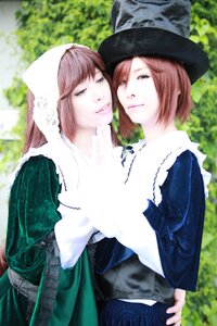 Rating: Safe Score: 0 Tags: 2girls bangs blue_dress blurry brown_hair depth_of_field dress green_dress hat head_scarf long_hair long_sleeves looking_at_viewer multiple_cosplay multiple_girls outdoors short_hair siblings sisters smile souseiseki suiseiseki tagme twins User: admin