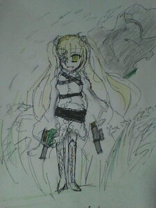 Rating: Safe Score: 0 Tags: 1girl blonde_hair dress gun holding image kirakishou long_hair sketch solo traditional_media twintails weapon yellow_eyes User: admin