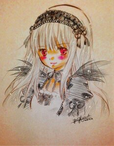 Rating: Safe Score: 0 Tags: 1girl bangs blush closed_mouth frills hairband image long_hair looking_at_viewer photo red_eyes rose signature simple_background smile solo suigintou traditional_media User: admin