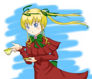 Rating: Safe Score: 0 Tags: 1girl blonde_hair blue_eyes bowtie capelet dress food green_neckwear hair_ribbon image long_hair long_sleeves red_dress ribbon shinku solo User: admin