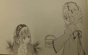 Rating: Safe Score: 0 Tags: 2girls book bow dress hair_bow hairband hakurei_reimu hinaichigo image long_hair long_sleeves monochrome multiple_girls pair smile suigintou traditional_media wide_sleeves User: admin