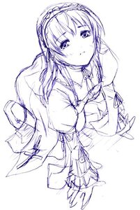 Rating: Safe Score: 0 Tags: 1girl auto_tagged blush dress frills from_above hairband image lolita_hairband long_hair long_sleeves looking_at_viewer monochrome neck_ribbon ribbon sketch solo suigintou white_background User: admin