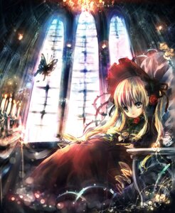 Rating: Safe Score: 0 Tags: 1girl blonde_hair blue_eyes bonnet bug butterfly dress flower image indoors insect lights long_hair onineko red_dress red_flower red_rose rose rozen_maiden shinku sitting solo tea window User: admin