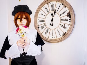 Rating: Safe Score: 0 Tags: 1girl black_headwear bouquet brown_hair clock flower gears hat long_sleeves solo souseiseki User: admin