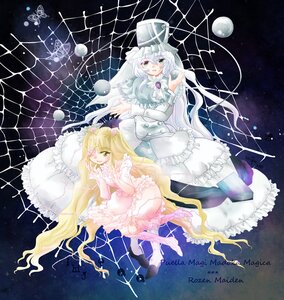 Rating: Safe Score: 0 Tags: 2girls blonde_hair dress fence frills hat honeycomb_(pattern) honeycomb_background image kirakishou long_hair multiple_girls one_eye_closed silk solo spider_web very_long_hair yellow_eyes User: admin