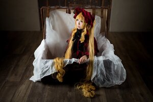 Rating: Safe Score: 0 Tags: 1girl blonde_hair blue_eyes dress fine_art_parody indoors lips long_hair long_sleeves rose shinku sitting solo very_long_hair User: admin
