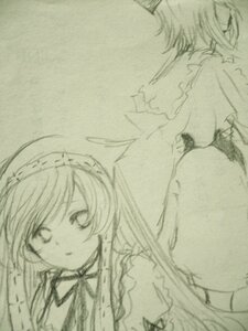 Rating: Safe Score: 0 Tags: 2girls dress hat image long_hair long_sleeves maid_headdress monochrome multiple_girls solo suiseiseki upper_body User: admin