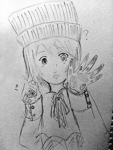Rating: Safe Score: 0 Tags: 1girl auto_tagged eyebrows_visible_through_hair greyscale hands_up hat image looking_at_viewer monochrome neck_ribbon photo ribbon solo souseiseki traditional_media upper_body User: admin