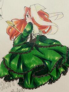 Rating: Safe Score: 0 Tags: 1girl auto_tagged dress frills image long_hair long_sleeves looking_back red_hair simple_background solo suiseiseki traditional_media User: admin