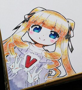Rating: Safe Score: 0 Tags: 1girl bangs blonde_hair blue_eyes blush closed_mouth double_v eyebrows_visible_through_hair image long_hair long_sleeves looking_at_viewer photo shinku shirt smile solo traditional_media twintails upper_body v white_shirt User: admin