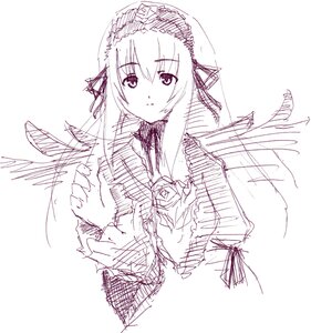 Rating: Safe Score: 0 Tags: 1girl dress flower frills hairband image long_hair long_sleeves looking_at_viewer monochrome ribbon rose simple_background sketch smile solo suigintou upper_body white_background wings User: admin