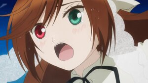 Rating: Safe Score: 0 Tags: 1girl :o bangs black_ribbon blush brown_hair close-up eyebrows_visible_through_hair face green_eyes image looking_at_viewer neck_ribbon open_mouth ribbon simple_background solo suiseiseki User: admin