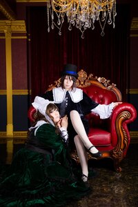 Rating: Safe Score: 0 Tags: 2girls brown_hair chair closed_eyes couch dress hat long_hair multiple_girls pantyhose pillow shoes short_hair sitting solo souseiseki white_legwear User: admin