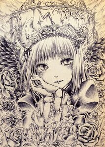 Rating: Safe Score: 0 Tags: 1girl flower frills hairband hands_on_own_face image looking_at_viewer monochrome ribbon rose short_hair solo suigintou thorns traditional_media white_rose User: admin