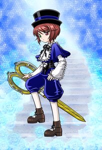 Rating: Safe Score: 0 Tags: 1boy blue_background brown_hair flower frills full_body green_eyes hat heterochromia image long_sleeves red_eyes rose short_hair shorts solo souseiseki top_hat User: admin
