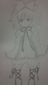 Rating: Safe Score: 0 Tags: 1girl bow graphite_(medium) greyscale hair_bow hinaichigo image lineart looking_at_viewer monochrome ribbon sketch sleeves_past_wrists smile solo thigh_ribbon traditional_media User: admin