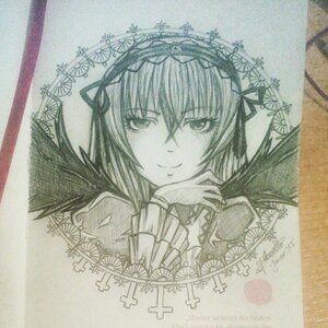 Rating: Safe Score: 0 Tags: 1girl closed_mouth graphite_(medium) hairband image long_hair looking_at_viewer monochrome photo ribbon shikishi simple_background smile solo star_(symbol) suigintou traditional_media User: admin