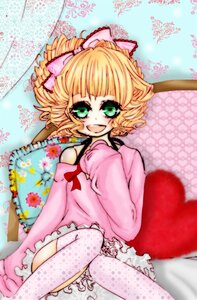 Rating: Safe Score: 0 Tags: 1girl blonde_hair bow frilled_pillow frills green_eyes heart hina_ichigo hinaichigo image open_mouth pillow pink_bow pink_legwear polka_dot polka_dot_legwear smile solo thighhighs User: admin