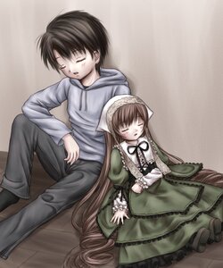 Rating: Safe Score: 0 Tags: 1boy 1girl black_hair brown_hair closed_eyes dress drill_hair green_dress image lolita_fashion long_hair long_sleeves ribbon sitting sleeping sleeping_upright solo suiseiseki very_long_hair User: admin