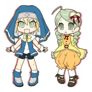 Rating: Safe Score: 0 Tags: 2girls :d ahoge blonde_hair blush bow chibi dress drill_hair fingerless_gloves full_body gloves green_eyes green_hair image kanaria long_sleeves multiple_girls open_mouth smile solo standing User: admin