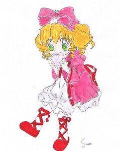 Rating: Safe Score: 0 Tags: 1girl blonde_hair bow dress eating food frills full_body green_eyes hair_bow hina_ichigo hinaichigo holding_food image long_sleeves looking_at_viewer pink_bow red_footwear short_hair solo striped User: admin