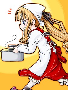 Rating: Safe Score: 0 Tags: 1girl apron blonde_hair blue_eyes drill_hair head_scarf image long_hair long_sleeves profile shinku socks solo yellow_background User: admin