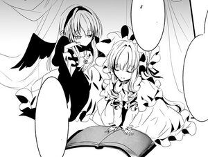 Rating: Safe Score: 0 Tags: 2girls bat_wings bow closed_eyes dress greyscale hand_on_own_cheek hat image long_hair long_sleeves monochrome multiple_girls pair patchouli_knowledge shinku smile suigintou wings yakumo_yukari User: admin
