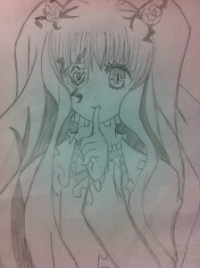Rating: Safe Score: 0 Tags: 1girl finger_to_mouth flower hair_flower hair_ornament image kirakishou long_hair looking_at_viewer monochrome rose solo traditional_media upper_body User: admin