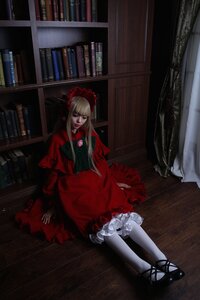 Rating: Safe Score: 0 Tags: 1girl blonde_hair book bookshelf dress frills indoors long_hair pantyhose red_dress shinku shoes sitting solo white_legwear User: admin