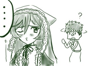 Rating: Safe Score: 0 Tags: ... 1boy 1girl ? blush dress green_theme image long_hair monochrome one_eye_closed simple_background solo spoken_ellipsis suiseiseki white_background User: admin