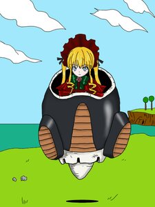 Rating: Safe Score: 0 Tags: 1girl blonde_hair blue_eyes bonnet bow bowtie cloud cup day dress flower flying grass green_bow image long_hair long_sleeves looking_at_viewer red_dress shinku sky solo twintails User: admin
