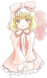 Rating: Safe Score: 0 Tags: 1girl bangs blonde_hair blush bow closed_mouth cowboy_shot dress eyebrows_visible_through_hair frills hinaichigo image kirima_sharo long_sleeves looking_at_viewer short_hair simple_background skirt smile solo standing white_background User: admin