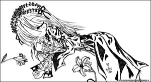 Rating: Safe Score: 0 Tags: 1girl dress flower greyscale image letterboxed long_hair long_sleeves monochrome plant simple_background solo suigintou white_background User: admin