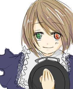 Rating: Safe Score: 0 Tags: bangs black_headwear brown_hair closed_mouth eyebrows_visible_through_hair frilled_shirt_collar frills green_eyes hat hat_removed headwear_removed heterochromia holding holding_clothes holding_hat image long_sleeves looking_at_viewer red_eyes short_hair simple_background sketch smile solo souseiseki top_hat white_background User: admin