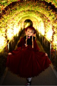 Rating: Safe Score: 0 Tags: 1girl blonde_hair curtsey dress flower long_sleeves pantyhose shinku skirt_hold smile solo standing User: admin
