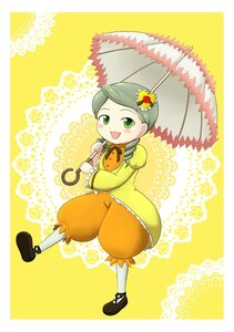 Rating: Safe Score: 0 Tags: 1girl green_eyes green_hair hair_ornament holding_umbrella image kanaria open_mouth parasol smile solo umbrella yellow_background User: admin