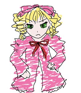 Rating: Safe Score: 0 Tags: 1girl :< blonde_hair bow dress drill_hair green_eyes hina_ichigo hinaichigo image long_sleeves pink_bow ribbon simple_background solo white_background User: admin