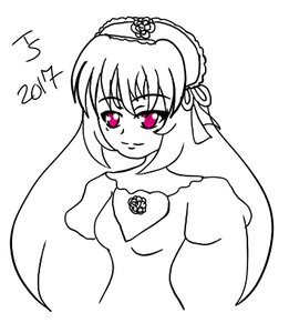 Rating: Safe Score: 0 Tags: 1girl dress eyebrows_visible_through_hair hairband hat image juliet_sleeves lolita_hairband long_hair long_sleeves looking_at_viewer monochrome simple_background solo spot_color suigintou upper_body white_background User: admin