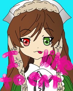 Rating: Safe Score: 0 Tags: 1girl aqua_background blue_background brown_hair green_eyes image red_eyes simple_background solo suiseiseki tongue tongue_out User: admin