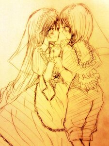 Rating: Safe Score: 0 Tags: 2girls blush dress eye_contact image izayoi_sakuya looking_at_another monochrome multiple_girls pair short_hair smile souseiseki suiseiseki yuri User: admin