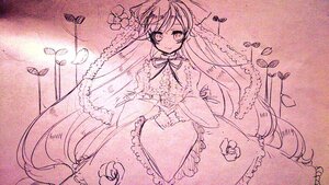 Rating: Safe Score: 0 Tags: 1girl dress flower frills image long_hair long_sleeves looking_at_viewer monochrome pink_theme smile solo suiseiseki traditional_media very_long_hair User: admin