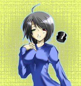 Rating: Safe Score: 0 Tags: 1girl ahoge black_hair breasts green_eyes heterochromia image long_sleeves medium_breasts red_eyes short_hair smile solo souseiseki User: admin