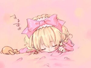 Rating: Safe Score: 0 Tags: 1girl blonde_hair bow closed_eyes hair_bow hina_ichigo hinaichigo image lying on_stomach pink_bow sleeping solo User: admin